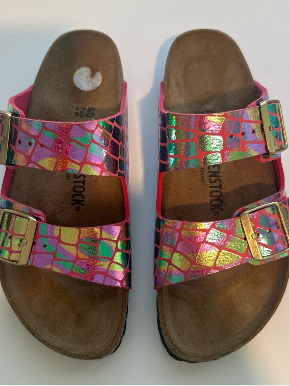 Birkenstock Arizona Gator Gleam Raspberry Iridescent Croc Sandals Womens 9 Slide